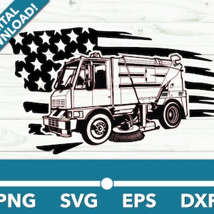 Street Sweeper Cleaner Véhicule municipal SVG, voiture clipart, fichiers rapides pour cricut et silhouette, dxf, png, vecteur avec drapeau américain
