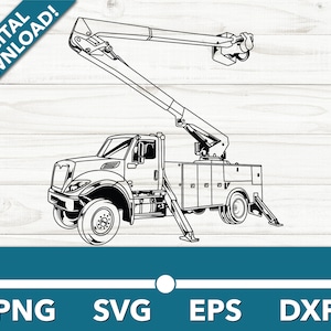 Könnte beinhalten: Eine Schwarzweiß-Zeichnung eines Nutzfahrzeugs mit einem Hubwagen. Der LKW hat eine große Kabine und eine Ladefläche mit einem Leiterstellplatz. Der Hubwagen ist ausgefahren und hat einen Korb am Ende.