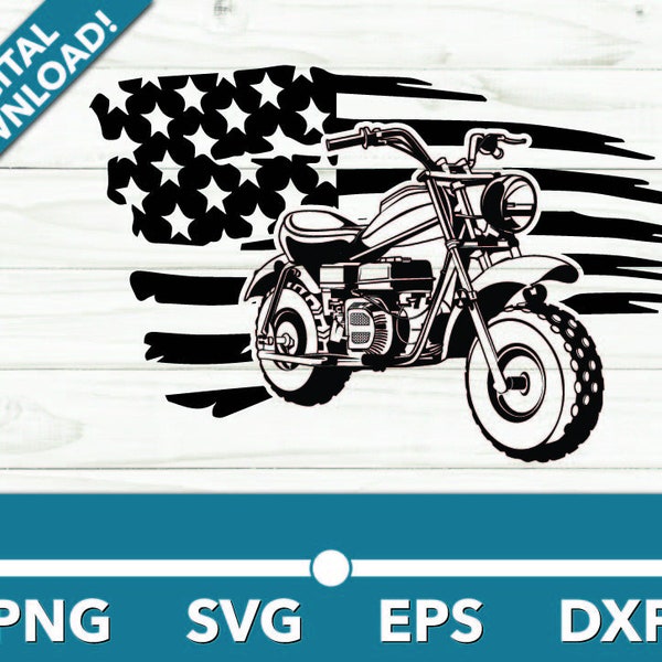 Motorcycle Mini Bike Classic SVG, Car Clipart, Fast Motorcycle Files for Cricut and Silhouette, Dxf, Png, Vector With American Flag