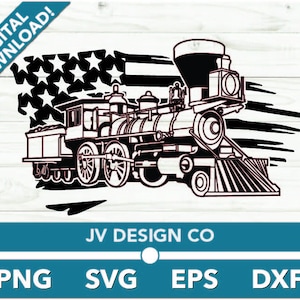 May include: A black and white silhouette of a steam locomotive pulling a train car, with an American flag behind it. The locomotive has a large smokestack and a bell. The train car is a boxcar. The American flag is waving in the wind.