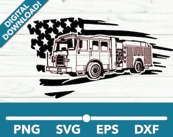 Firetruck Ladder Truck Emergency Services Engine SVG, Car Clipart, Fast Files for Cricut and Silhouette, Dxf, Png, Vector With American Flag