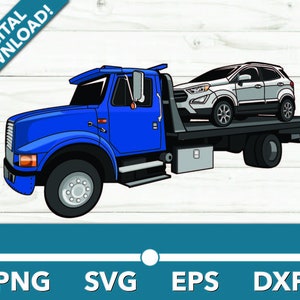Rollback Abschleppwagen International mit Auto Full Color SVG, Pickup Truck Clipart, Pickup Truck Dateien für Cricut und Silhouette, Dxf Png Vektor