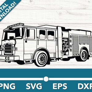 May include: Black and white line art illustration of a fire truck. The truck has a ladder on the back and a hose on the side.