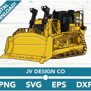 May include: A yellow bulldozer with a black cab and a large blade. The bulldozer is on a wooden background with the text "DIGITAL DOWNLOAD!" and "JV DESIGN CO" below it.
