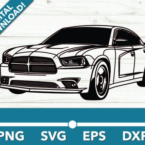 May include: Black and white line art illustration of a Dodge Charger car. The car is facing forward and has a detailed front grille.
