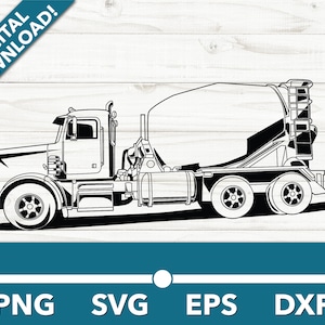 May include: Black and white line art illustration of a cement mixer truck. The truck is viewed from the side and has a large drum on the back. The truck is on a white wood background.