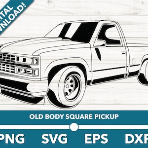 Puede incluir: Ilustración en blanco y negro de un camión de recogida clásico de carrocería cuadrada. El camión tiene una parrilla grande, un capó largo y una caja en la parte trasera. El camión está de frente al espectador.