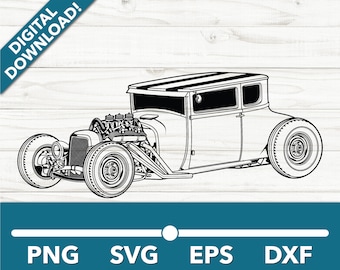 May include: Black and white line art illustration of a vintage hot rod car with a striped roof. The car has a large engine and large wheels.
