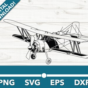 May include: A black and white line drawing of a vintage biplane. The plane has two sets of wings and a propeller. The plane is facing to the right.