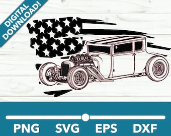 May include: Black and white digital download graphic of a classic hot rod car with an American flag design. The car is detailed with visible engine components and large tires. The words "DIGITAL DOWNLOAD!" are in the upper left corner.