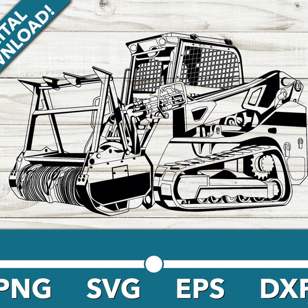 Skid steer broyeur forestier suivi avec drapeau SVG, Clipart voiture, fichiers rapides pour Cricut et Silhouette, Dxf, Png, vecteur EPS
