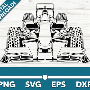 Può includere: Illustrazione in bianco e nero di un'auto da corsa. L'auto è rivolta in avanti con le ruote anteriori leggermente girate a sinistra. L'auto ha un grande spoiler sul retro e un piccolo spoiler sul davanti.