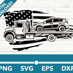 Rollback Tow Truck International with car with flag SVG, Pickup Truck Clipart, Pickup Truck Files for Cricut and Silhouette, Dxf, Png Vector