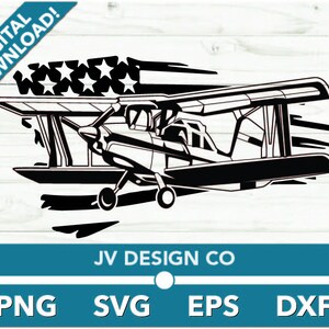 May include: Black and white silhouette of a small airplane flying over a stylized American flag. The airplane has a propeller and two wings. The flag has stars and stripes. The image is a digital download.
