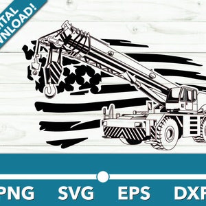 May include: Black and white silhouette of a crane truck with an American flag in the background. The crane is lifting a hook.