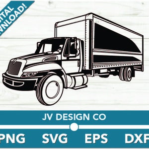May include: Black and white silhouette of a delivery truck. The truck has a box body and a cab with a large windshield. The truck is facing to the right.