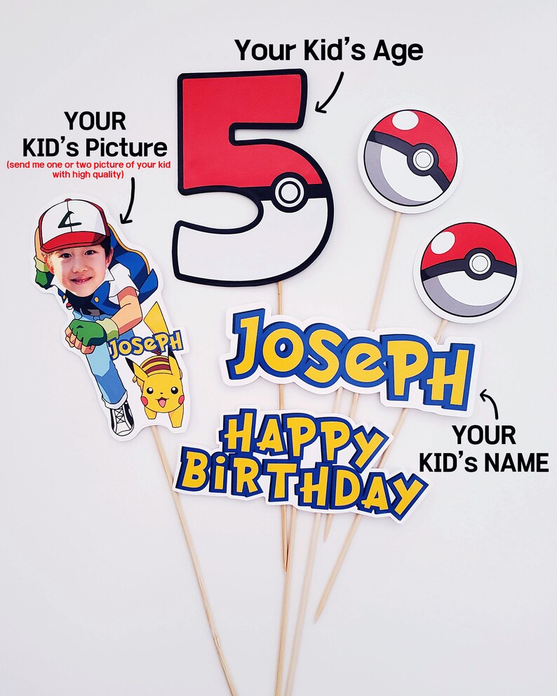 May include: A set of 5 Pokemon-themed cake toppers for a birthday party. The set includes a red and white number 5, a yellow and blue name banner, a red and white Pokeball, a yellow and black Pikachu, and a red and white Pokeball with a blue center. The text on the banner reads "Joseph Happy Birthday".