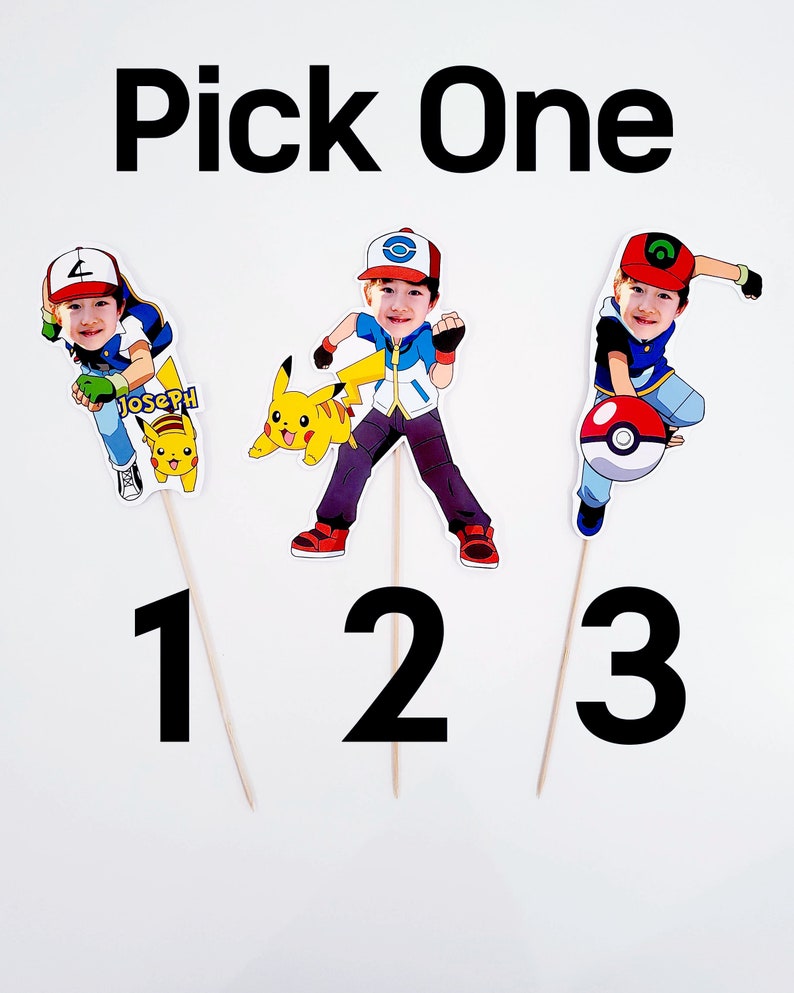 May include: Three printable cupcake toppers featuring a cartoon character dressed as a Pokemon trainer. The character has a different pose and accessory in each topper. The first topper features a Pikachu, the second topper features a Pokeball, and the third topper features a Pokeball with a green symbol. The text "Pick One" is at the top of the image.