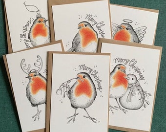 Set of 6 Christmas cards with envelope, Robin