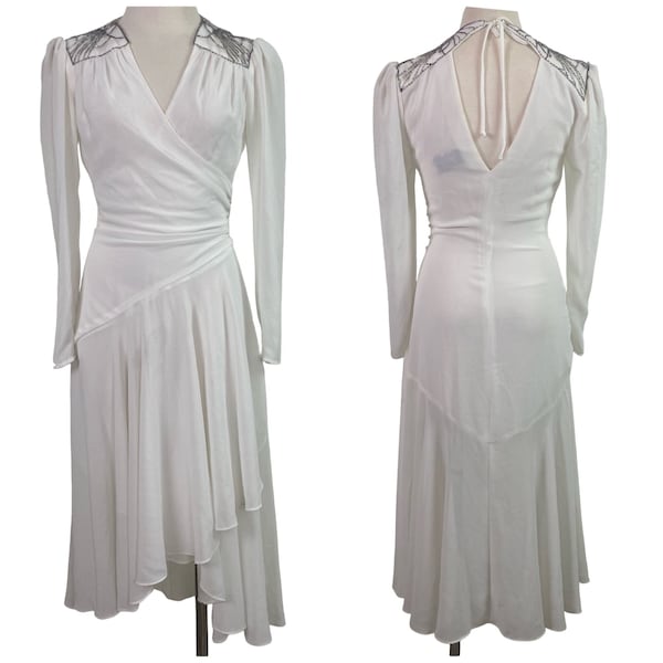 Casadei White Elegant Beaded shoulders Open Back Wrap Front Flowy Hi-Lo Hem  S ? Cocktail / Wedding Dress