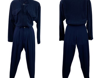 Vintage Seattle Gear Navy Blue Stirrup Jumpsuit Full Zip Made in USA Women SZ M