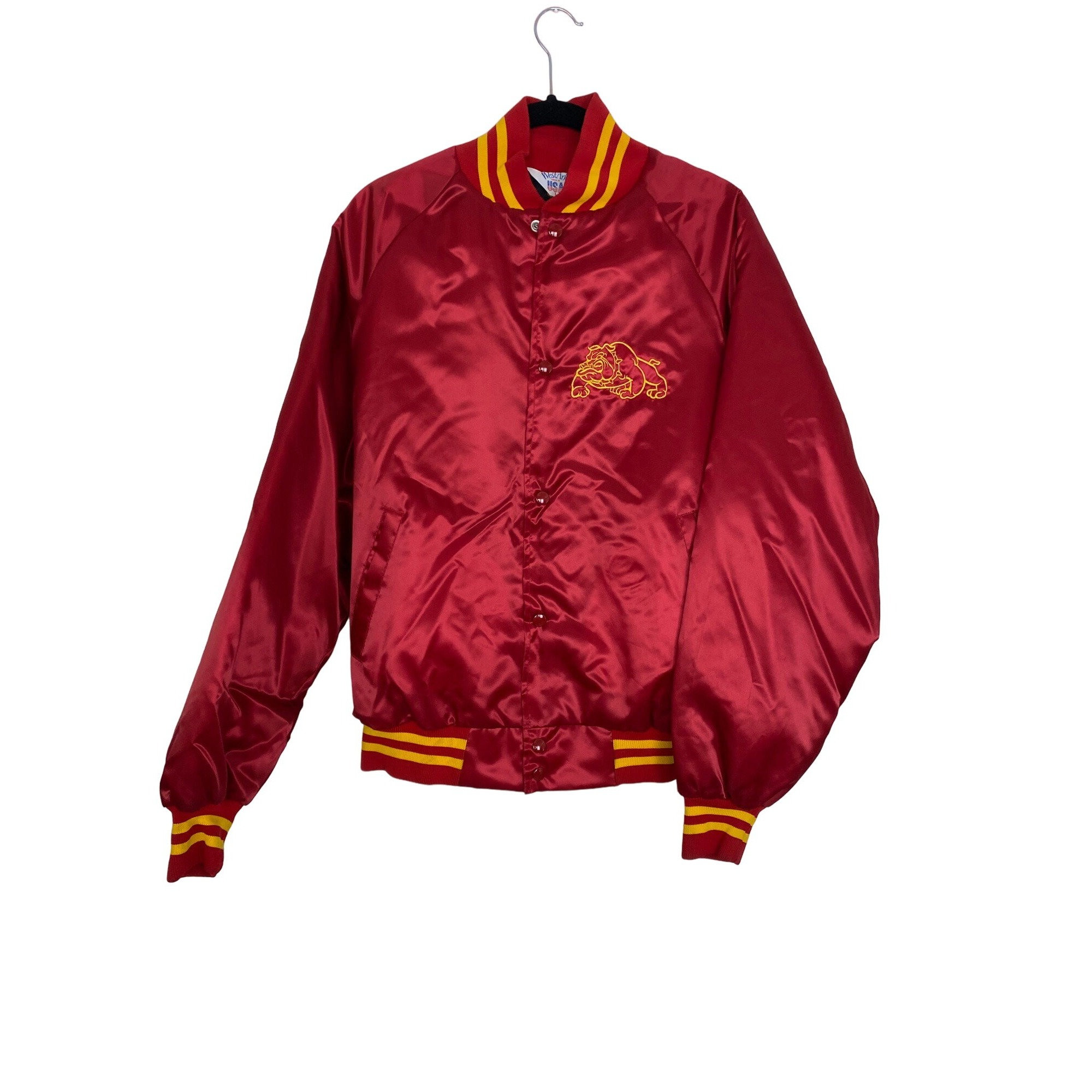 Vtg US Marines Red & Yellow Silky Nylon Bomber Jacket USA Navy Varsity M/L main image 1