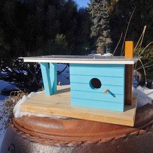 Mid century modern bungalo Bird House and bird feeder.  Unique art piece. Hand made in Canada using wood and metal.