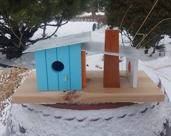 Mid century modern birdhouse and bird feeder. Art piece for indoors or out. Made by hand in Canada using wood and metal.