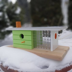 Mid century modern birdhouse for indoors or outdoors. Handmade art piece. Made in Canada.