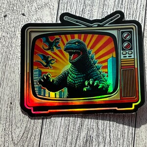 3Inch Godzilla retro tv Holographic Sticker / laptop sticker / Waterbottle sticker/ Godzilla Sticker / Waterproof / Retro sticker