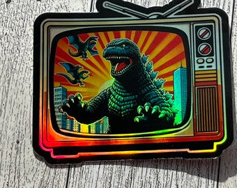 3Inch Godzilla retro tv Holographic Sticker / laptop sticker / Waterbottle sticker/ Godzilla Sticker / Waterproof / Retro sticker