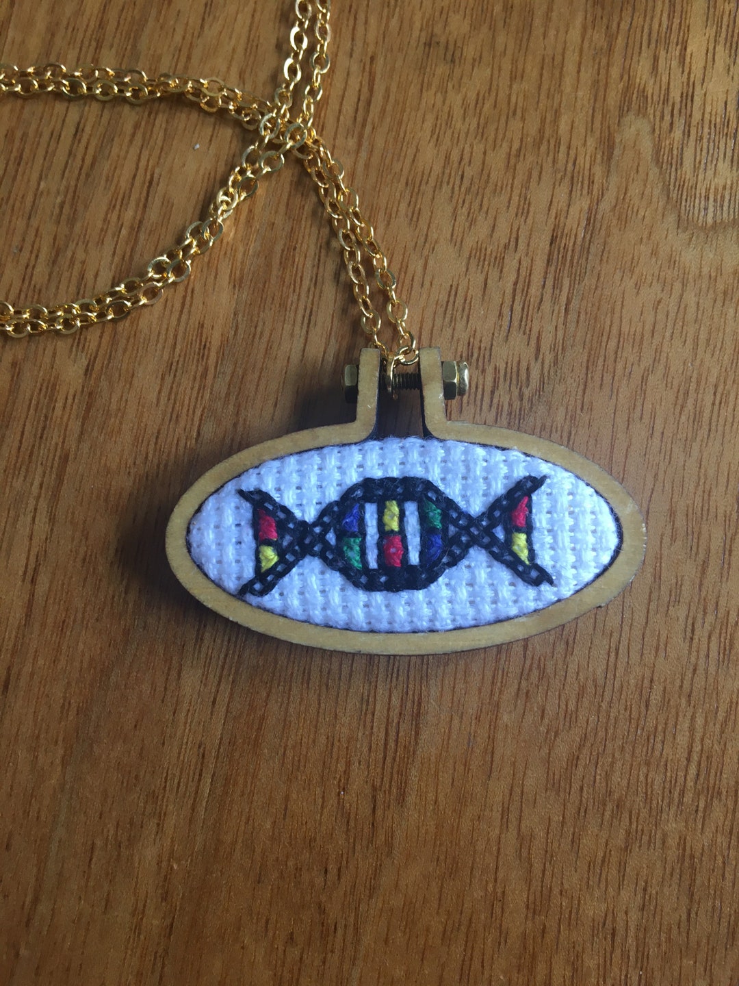 DNA Necklaceoval Pendant on 24 Inch Chain, Mini Embroidered DNA Helix