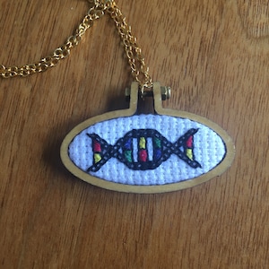 DNA Necklace-Oval pendant on 24 inch chain, mini embroidered DNA helix design