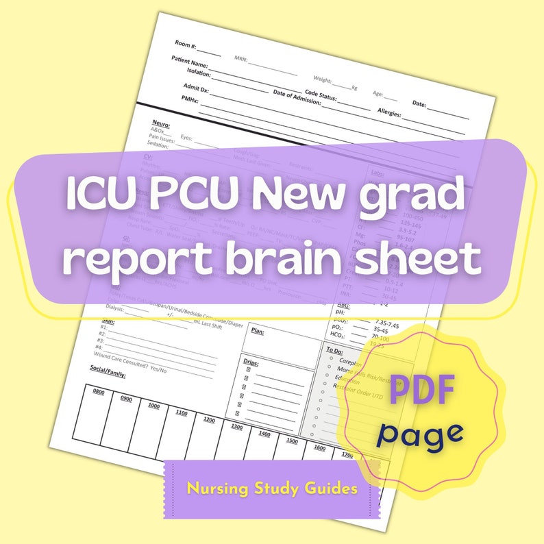 Amazing nursing report ICU\/PCU\/New grad report\/brain sheet 1 page PDF Instant Digital Download