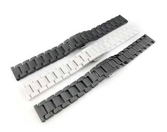 20mm 22mm Black/White/Black Matt Ceramic Strap/Band/Bracelet Silver Butterfly Clasp fits most watches with Quick Release System Pins