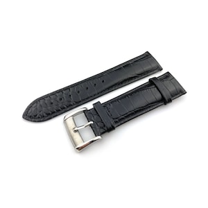 Correa de cuero genuino negra con hebilla plateada que se adapta a la mayoría de los relojes de 20 mm y 22 mm + herramienta/pasadores para bricolaje