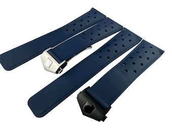 Correa de silicona de caucho azul marino oscuro de 22 mm compatible con la mayoría de los relojes. Cierre desplegable plateado/negro + pasadores y herramienta de bricolaje incluidos.