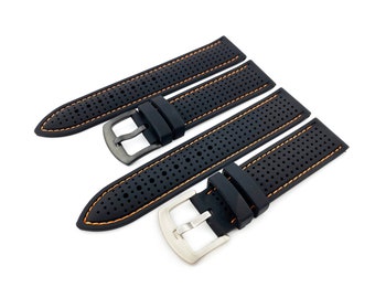 Correa de silicona transpirable con puntadas en color negro y naranja de 20, 22 y 24 mm que se adapta a la mayoría de los relojes. Cierre/hebilla con pasador plateado/negro + pasadores y herramienta de bricolaje incluida.