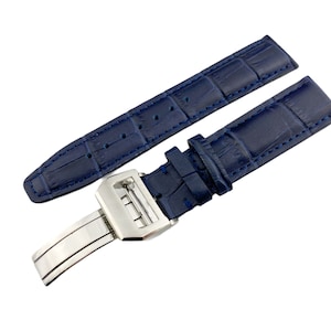 Navy Dark Blue Genuine Leather 20mm 21mm 22mm Strap Band fits most watches deployment clasp / pin buckle + pins and tool included