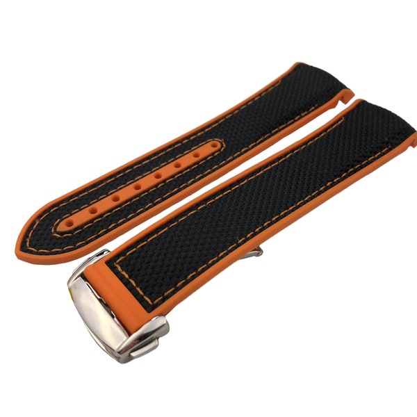 Bracelet en nylon/caoutchouc noir-orange 20 mm 22 mm s'adapte à la plupart des montres à boucle déployante/boucle de toutes les couleurs + épingles et outil