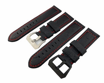 Black with Red Stitching Leather 22 24 26mm Strap Band fits most watches clasp/buckle (silver or black) + pins and tool included
