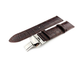 Bracelet en cuir véritable marron foncé 19 mm 20 mm compatible avec la plupart des montres fermoir papillon couleurs argent/jaune/rose/noir + épingles et outil