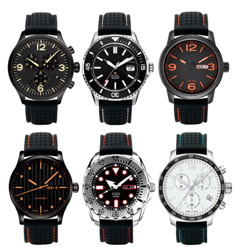 Peut inclure: Six montres-bracelets diff&eacute;rentes avec des bracelets en caoutchouc noir et des accents de diff&eacute;rentes couleurs. Les montres ont des styles diff&eacute;rents, notamment chronographe, plongeur et analogique.