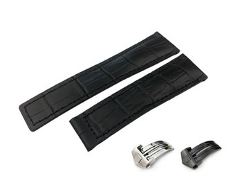 Black Genuine Leather 19mm 20mm 22mm Strap Band fits most watches deployment clasp/buckle (black or silver) + pins and tool