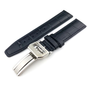 Black Genuine Leather 20mm 21mm 22mm Strap Band fits most watches deployment clasp / pin buckle + pins and tool included