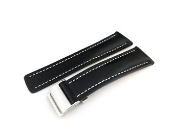 22mm 24mm Black Genuine Flat Leather Strap Band fits most watches silver deployment clasp/buckle optional + pins and tool