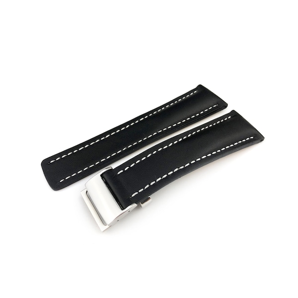 22mm 24mm Black Genuine Flat Leather Strap Band fits most watches silver deployment clasp/buckle optional + pins and tool
