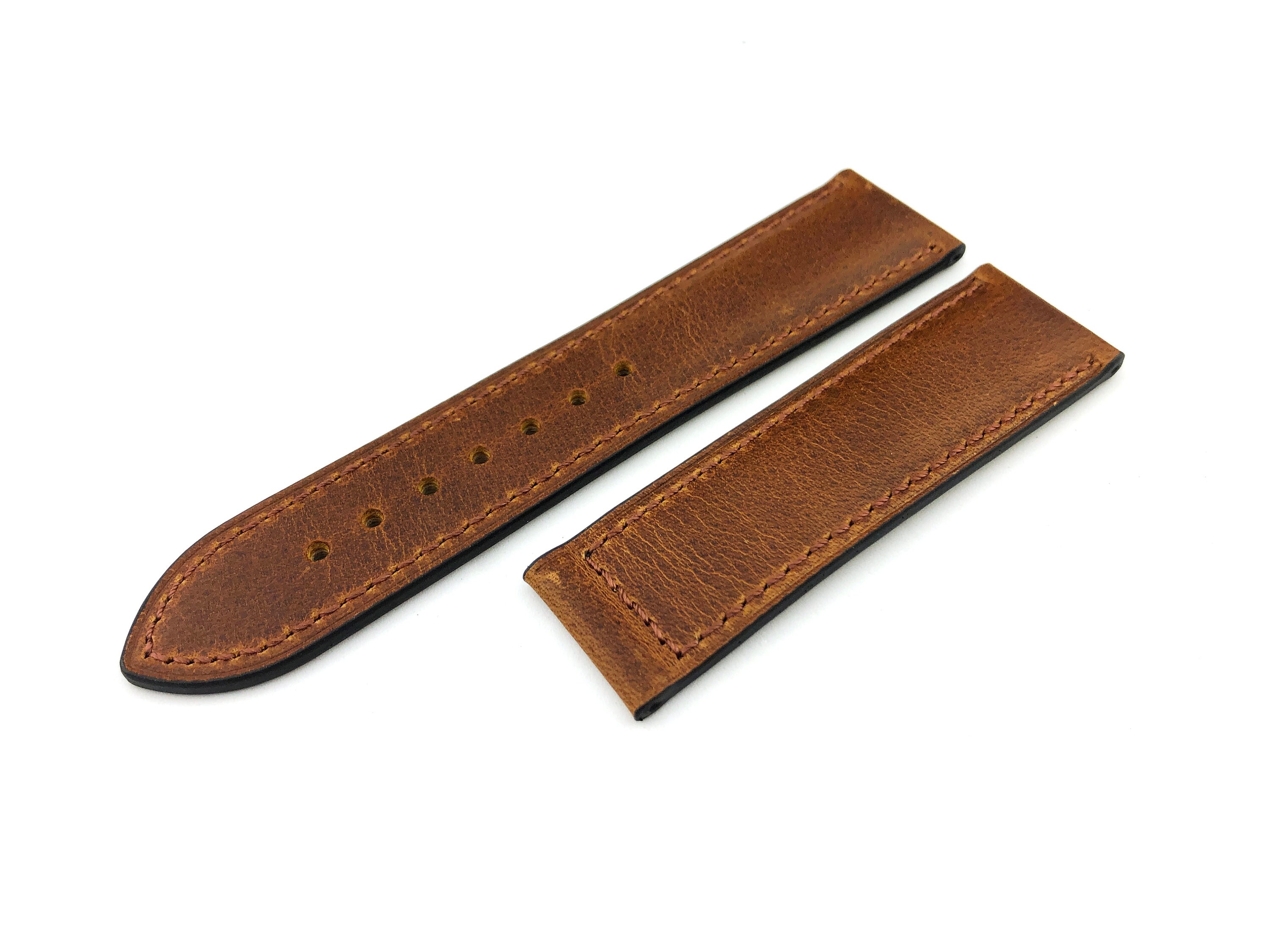 Bracelet De Montre Vintage En Cuir Effilé 22 Mm – Marron Foncé, Boucle Dorée, Neuf