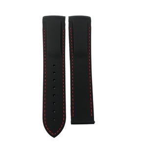 May include: Two black watch straps with red stitching. One strap has multiple holes for adjustment. The straps are made of a smooth material and are designed to attach to a watch face. The straps are shown against a white background.