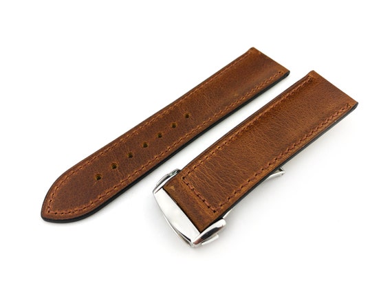 Bracelet Montre Cuir Véritable Marron Fait Main France - Largeur 20 Mm, Boucle Dorée, Neuf